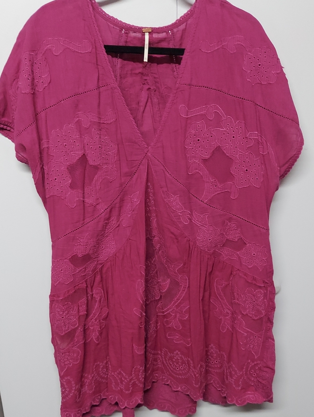 Free People Fuchsia Embroidered V-Neck Tunic